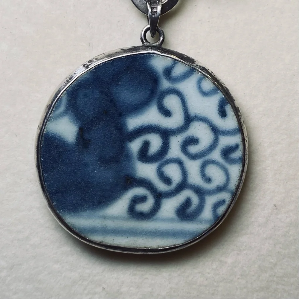 Hand made Sterling OOAK Sterling Upcycled Japanese Pottery Pendant and Chain